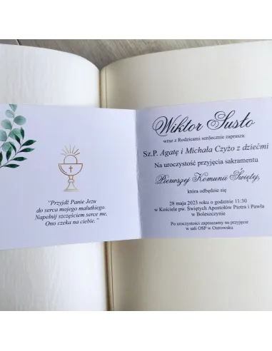 Personalizowane komunijne zaproszenie na pierwszą komunię świętą liście boho TWOJE ZDJĘCIE
