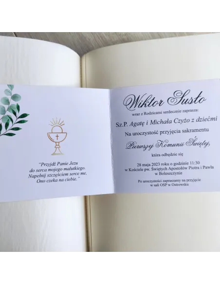 Personalizowane komunijne zaproszenie na pierwszą komunię świętą liście boho TWOJE ZDJĘCIE