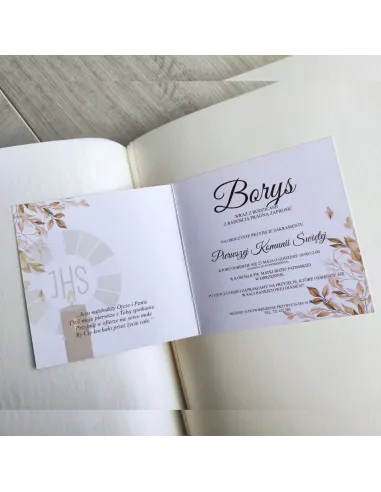 Personalizowane komunijne zaproszenie na pierwszą komunię świętą liście IHS PROJEKT GRATIS