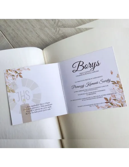 Personalizowane komunijne zaproszenie na pierwszą komunię świętą liście IHS PROJEKT GRATIS