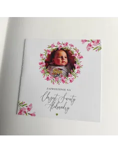 Personalizowane zaproszenie na chrzciny ze zdjęciem motyw kwiatowy PROJEKT GRATIS