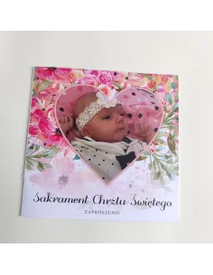 Personalizowane zaproszenie na chrzest święty ze zdjęciem kwiaty serce PROJEKT GRATIS