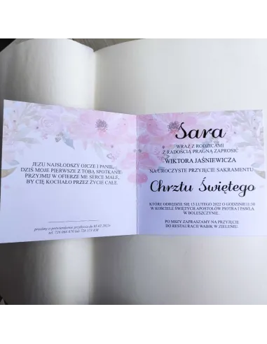 Personalizowane zaproszenie na chrzest święty ze zdjęciem kwiaty serce PROJEKT GRATIS