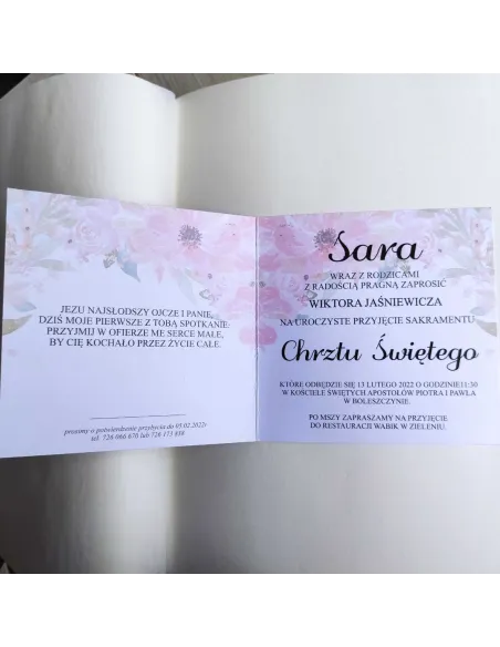 Personalizowane zaproszenie na chrzest święty ze zdjęciem kwiaty serce PROJEKT GRATIS