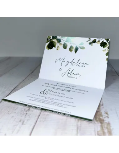 Personalizowane zaproszenie na Ślub Wesele zielone liście motyw roślinny