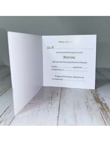 Eleganckie Zaproszenie na pierwszą komunię świętą zaproszenia komunijne motyw roślinny personalizacja PROJEKT GRATIS