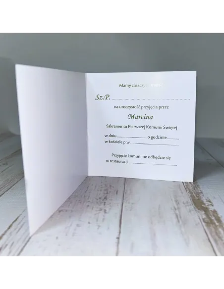Eleganckie Zaproszenie na pierwszą komunię świętą zaproszenia komunijne motyw roślinny personalizacja PROJEKT GRATIS