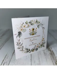 Eleganckie Zaproszenie na pierwszą komunię świętą zaproszenia komunijne personalizacja wianek kwiaty PROJEKT GRATIS