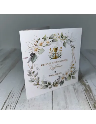 Eleganckie Zaproszenie na pierwszą komunię świętą zaproszenia komunijne personalizacja wianek kwiaty PROJEKT GRATIS
