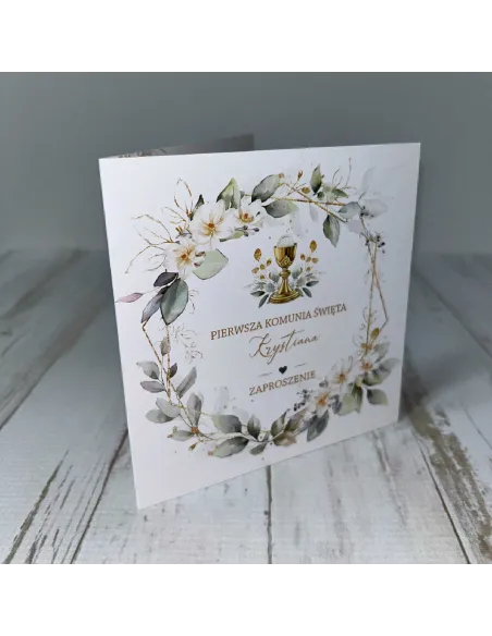 Eleganckie Zaproszenie na pierwszą komunię świętą zaproszenia komunijne personalizacja wianek kwiaty PROJEKT GRATIS