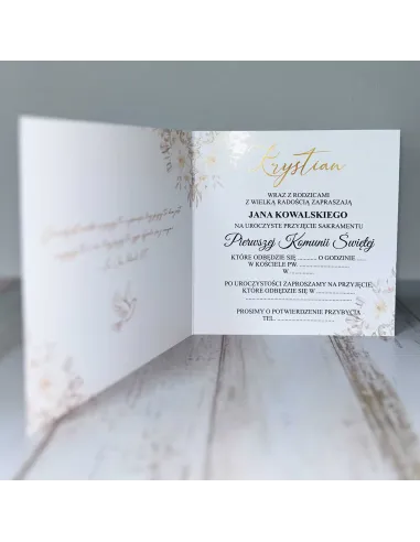 Eleganckie Zaproszenie na pierwszą komunię świętą zaproszenia komunijne personalizacja wianek kwiaty PROJEKT GRATIS