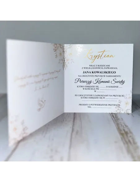 Eleganckie Zaproszenie na pierwszą komunię świętą zaproszenia komunijne personalizacja wianek kwiaty PROJEKT GRATIS