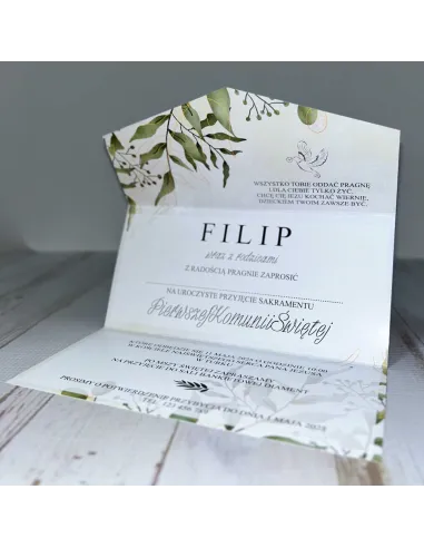 Eleganckie Zaproszenie na pierwszą komunię świętą zaproszenia komunijne personalizacjaliście boho PROJEKT GRATIS