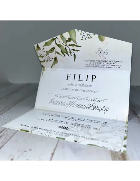 Eleganckie Zaproszenie na pierwszą komunię świętą zaproszenia komunijne personalizacjaliście boho PROJEKT GRATIS