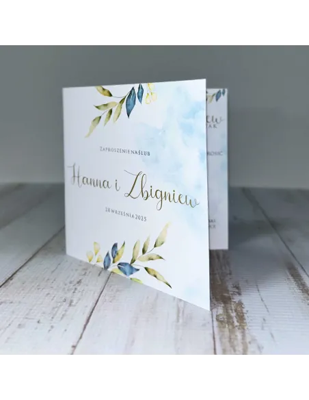 Eleganckie Personalizowane zaproszenie na Ślub Wesele zaproszenia ślubne błękit liście