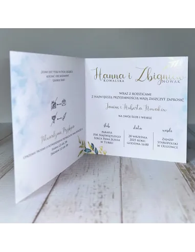 Eleganckie Personalizowane zaproszenie na Ślub Wesele zaproszenia ślubne błękit liście