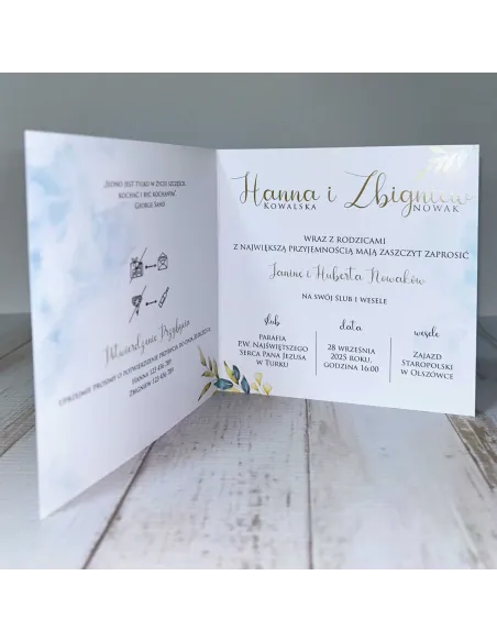 Eleganckie Personalizowane zaproszenie na Ślub Wesele zaproszenia ślubne błękit liście