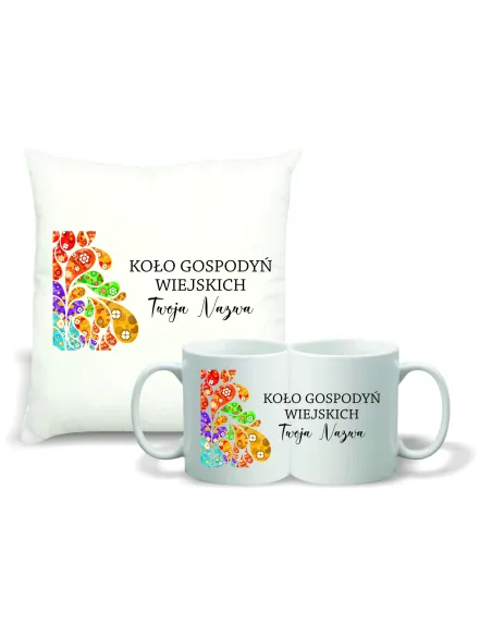 Zestaw PODUSZKA i KUBEK z nadrukiem KGW koło gospodyń wiejskich TWÓJ NAPIS
