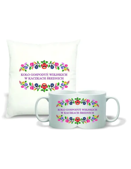 Zestaw PODUSZKA i KUBEK z nadrukiem KGW koło gospodyń wiejskich TWÓJ NAPIS
