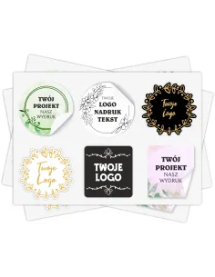 Naklejki ETYKIETY REKLAMOWE dowolny kształt nadruk grafika NAPIS z LOGO