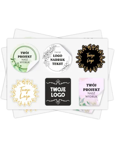 Naklejki ETYKIETY REKLAMOWE dowolny kształt nadruk grafika NAPIS z LOGO