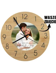 Bambusowy ZEGAR ścienny z nadrukiem UV PREZENT DLA ŻONY MĘŻA ze zdjęciem