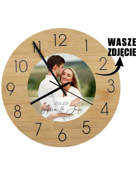 Bambusowy ZEGAR ścienny z nadrukiem UV PREZENT DLA ŻONY MĘŻA ze zdjęciem