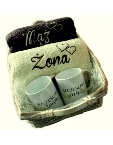 Prezent na ślub rocznicę ślubu - ręczniki z haftem + kubki