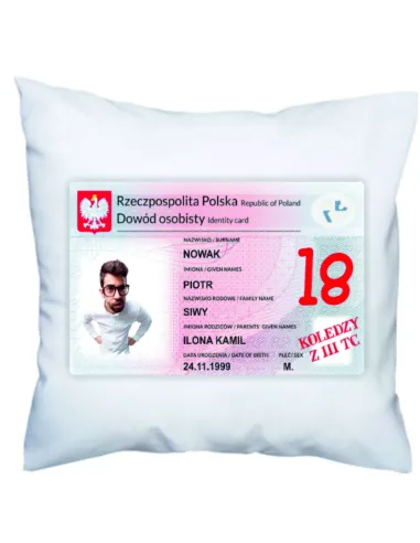 Poduszka na urodziny 18-tkę z nadrukiem dowód osobisty