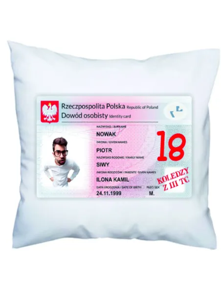 Poduszka na urodziny 18-tkę z nadrukiem dowód osobisty