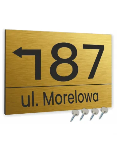TABLICZKA tablica adresowa NUMER DOMU strzałka złota 20x15 cm dibond