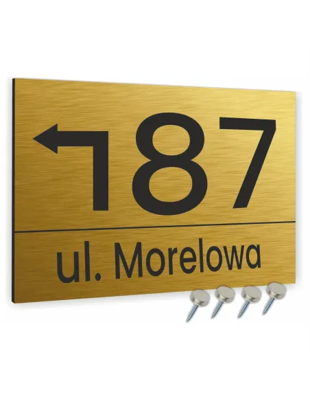 TABLICZKA tablica adresowa NUMER DOMU strzałka złota 20x15 cm dibond