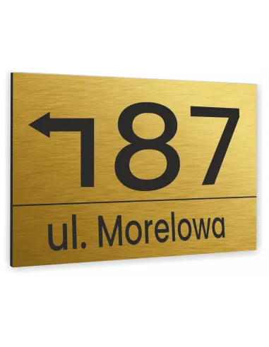 TABLICZKA tablica adresowa NUMER DOMU strzałka złota 20x15 cm dibond