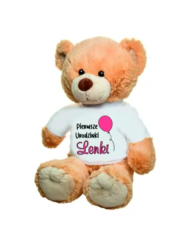 PLUSZOWY jasnobrązowy MIŚ z koszulką PREZENT dla dziecka na urodziny roczek HAFT