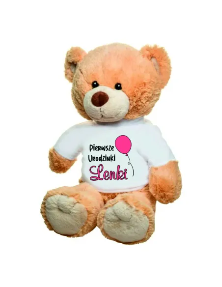 PLUSZOWY jasnobrązowy MIŚ z koszulką PREZENT dla dziecka na urodziny roczek HAFT