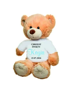 PLUSZOWY jasnobrązowy MIŚ z koszulką PREZENT dla dziecka na chrzest święty z imieniem HAFT