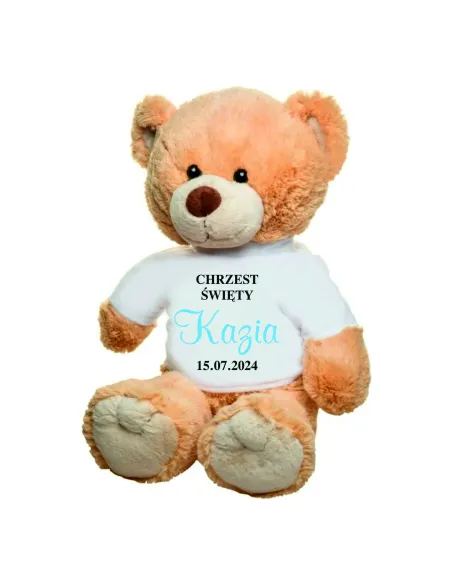 PLUSZOWY jasnobrązowy MIŚ z koszulką PREZENT dla dziecka na chrzest święty z imieniem HAFT