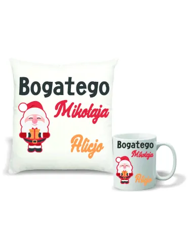 Zestaw PODUSZKA i KUBEK NADRUK personalizowany prezent święta mikołajki TWÓJ NAPIS