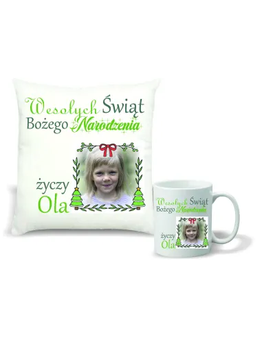 Zestaw PODUSZKA i KUBEK NADRUK prezent święta mikołajki TWÓJ TEKST ze zdjęciem