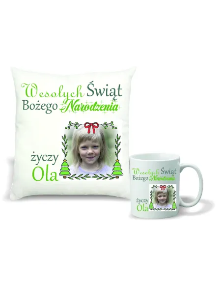 Zestaw PODUSZKA i KUBEK NADRUK prezent święta mikołajki TWÓJ TEKST ze zdjęciem