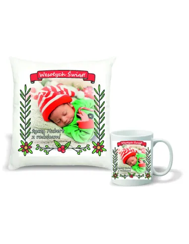 Zestaw PODUSZKA i KUBEK NADRUK prezent święta mikołajki TWÓJ TEKST ze zdjęciem