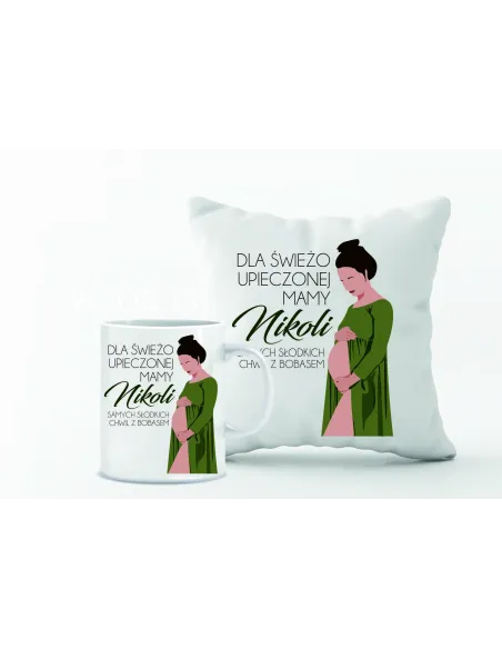 Zestaw PODUSZKA i KUBEK z nadrukiem PREZENT dla przyszłej mamy Z IMIENIEM