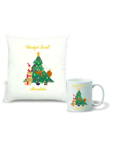 Zestaw PODUSZKA i KUBEK z NADRUKIEM prezent ŚWIĄTECZNY na mikołajki TWÓJ TEKST napis