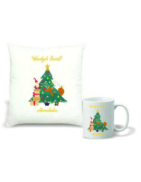 Zestaw PODUSZKA i KUBEK z NADRUKIEM prezent ŚWIĄTECZNY na mikołajki TWÓJ TEKST napis