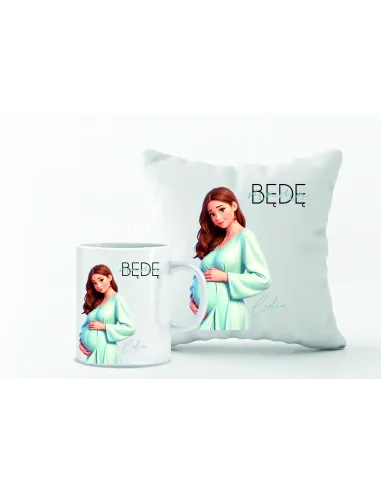 Zestaw PODUSZKA i KUBEK z nadrukiem PREZENT dla przyszłej mamy Z IMIENIEM