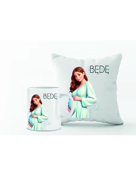 Zestaw PODUSZKA i KUBEK z nadrukiem PREZENT dla przyszłej mamy Z IMIENIEM