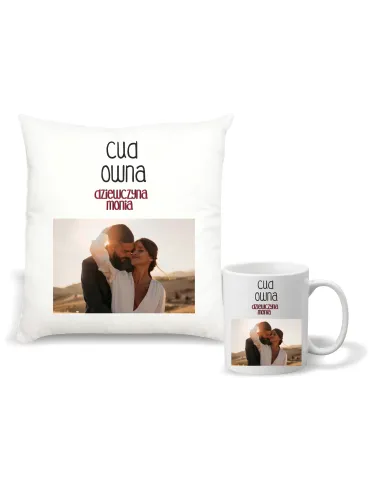 Zestaw PODUSZKA i KUBEK nadruk prezent na WALENTYNKI ROCZNICĘ + zdjęcie twój tekst