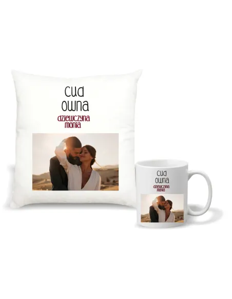 Zestaw PODUSZKA i KUBEK nadruk prezent na WALENTYNKI ROCZNICĘ + zdjęcie twój tekst