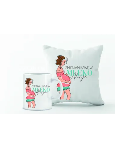 Zestaw PODUSZKA i KUBEK z nadrukiem PREZENT dla przyszłej mamy Z IMIENIEM
