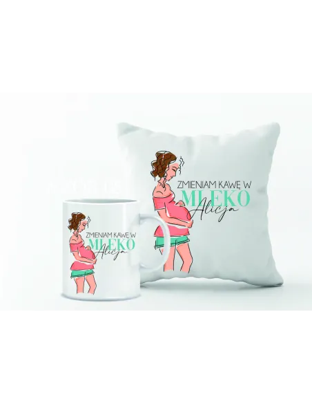 Zestaw PODUSZKA i KUBEK z nadrukiem PREZENT dla przyszłej mamy Z IMIENIEM